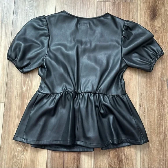 Kit & Sky Faux Leather Peplum Top Black Size Small Soft Lined Vegan Leather - Picture 2 of 8